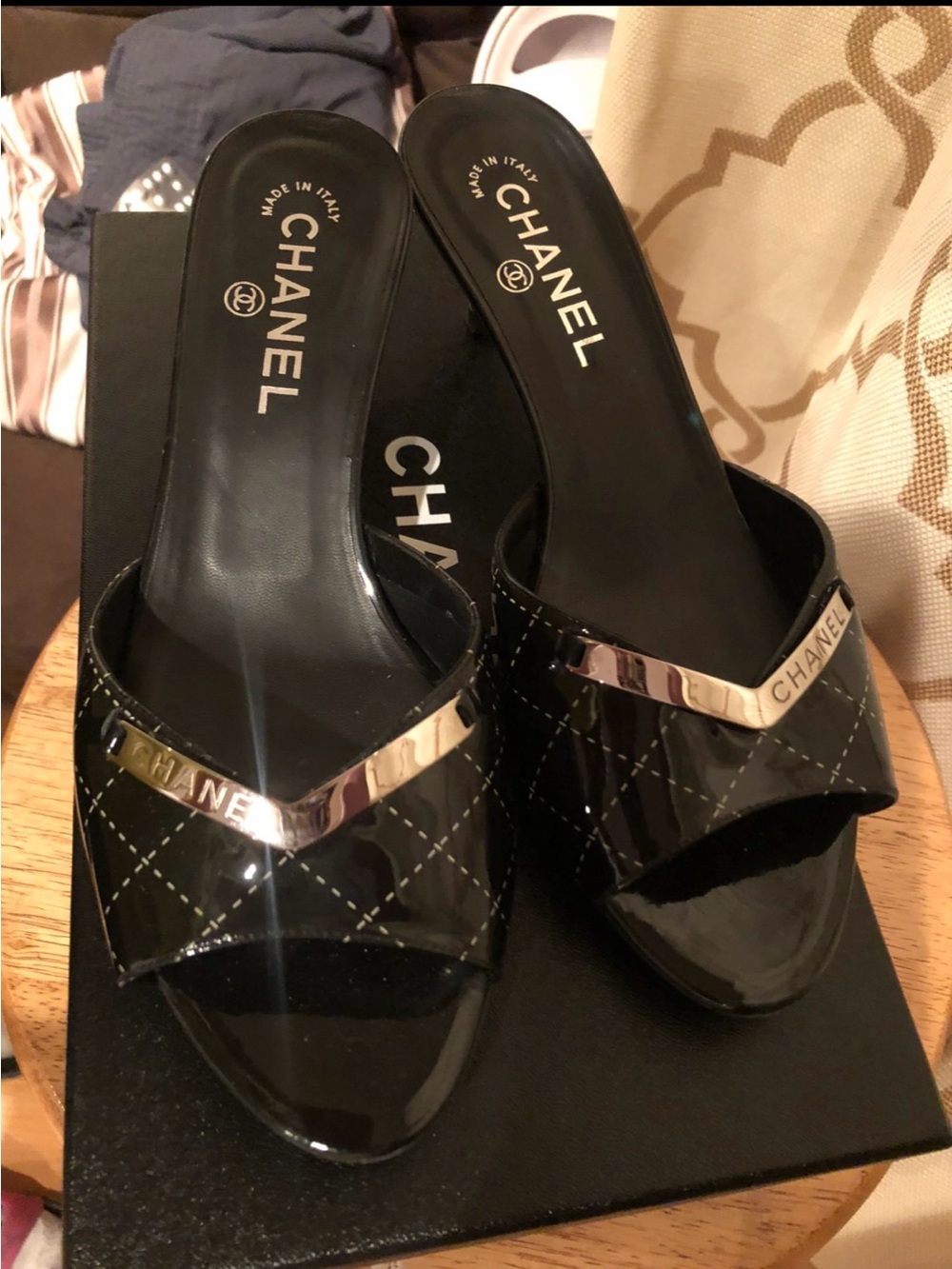CHANEL Black Quilted Leather Slide Mules with Metallic Accent size 39.